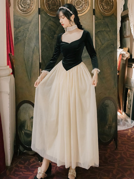 flowersverse Back to school outfit Ballet Lady Dance Dress Black Velvet Patchwork Mesh Square Collar Petal Sleeve Vintage Princess Dresses For Date Birthday Party