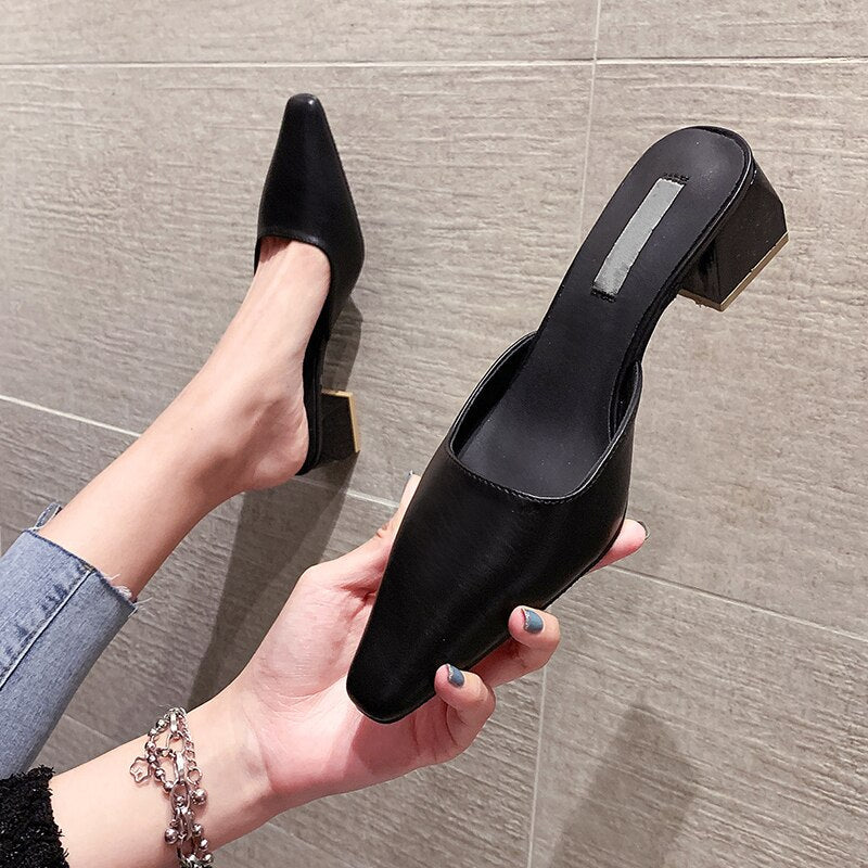 Women Sandals INS Fashion Low Heels Mules Shoes Slip-On Elegant Causal Summer Female Mules Slippers