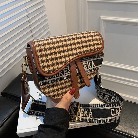 flowersverse Back to school Wide Strap Saddle Small Shoulder Crossbody Bags For Women Brand Designer Woolen Cloth Plaid Ladies Handbags Winter