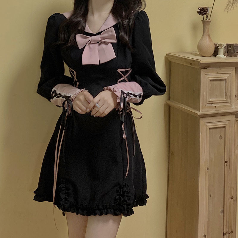 flowersverse Black Princess Elegant Dress Women High Waist Slim Kawaii Gothic Dress Autumn Long Sleeve Bow Designer Party Mini Sweet Dress K95