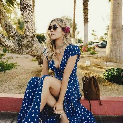 Back to school flowersverse  Women Bohemian Dots Printed Party Dress Short Sleeve V Neck Casual Dress  Ummer Fashion Split Women Long Dress