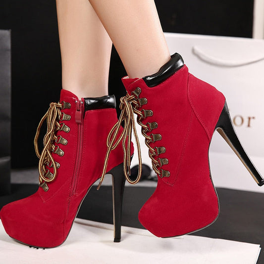 flowersverse Women Pumps Shoes Boots Cross Tied Platform   Stiletto Ankle Female Zipper Super High Heels Ladies Fashion Thin Heel