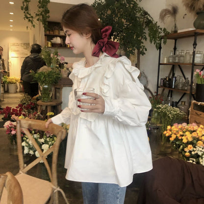 flowersverse Blouses Women French Vintage Peter Pan Collar Design Tender Japanese Style Full Sleeve Edible Tree Fungus Girlish Fashion Spring