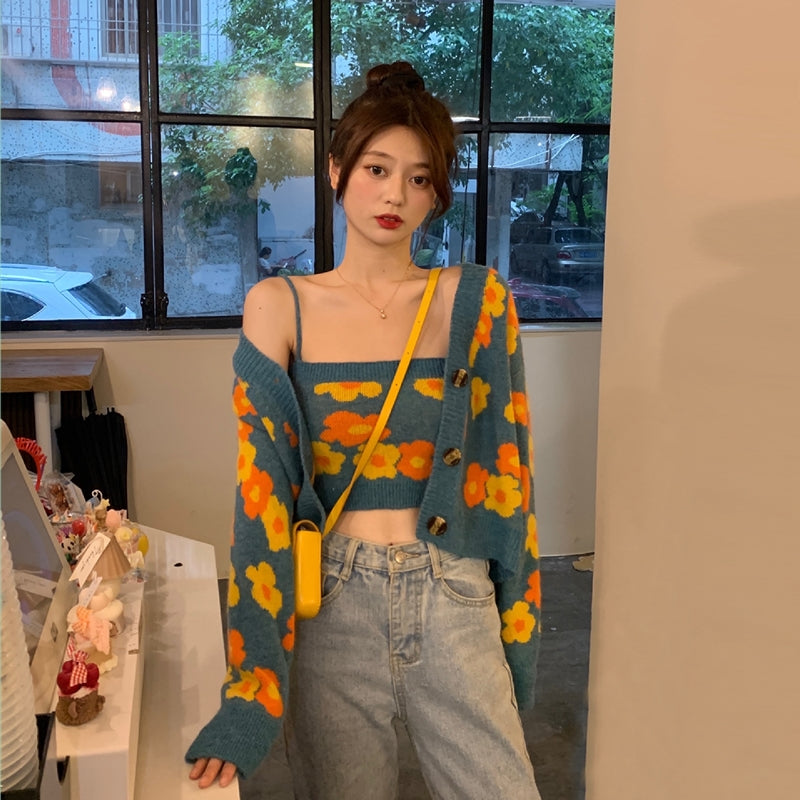 flowersverse Autumn Floral Sweet Knitting Sweater Coat Female Korean Holiday Casual Sweater Tops Sexy Two Piece Suit Knitting Tops