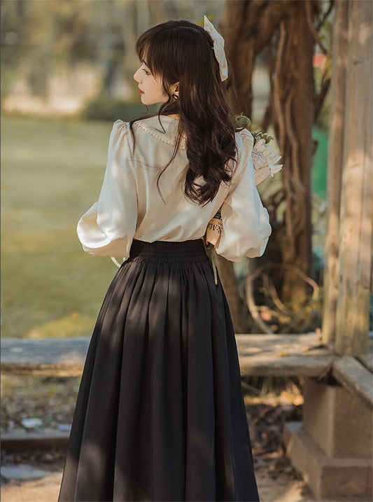 flowersverse Back to school  Vintage French Style Women Outfits Cute Bow Peter Pan Collar Shirt Tops & Bandage Lace Elastic Skirt Elegant Lady 2 Piece Sets