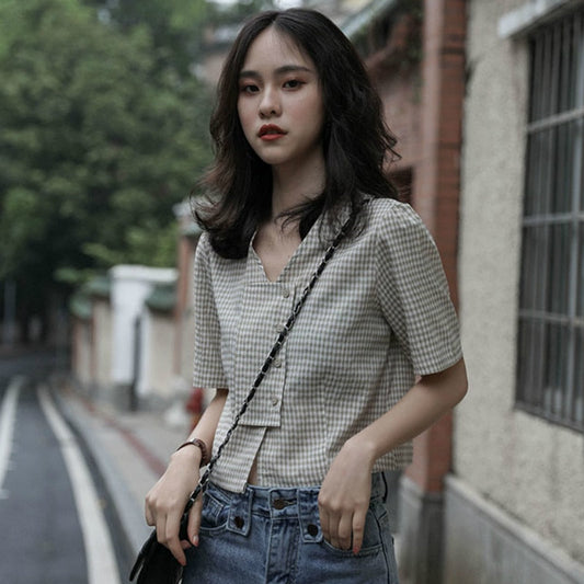 flowersverse Blouses Women Shirts V-Neck Plaid Summer Buttons Sweet Crop Top All-Match Slim Vintage Ulzzang Stylish Elegant Womens Leisure