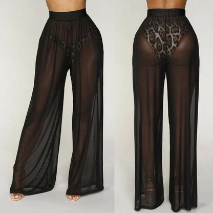 flowersverse-Hot Sale Sexy Women Long Mesh Sheer Pants Beachwear See-Through High Wasit Swimsuit Trunks Loose Pant Wide Leg Trousers