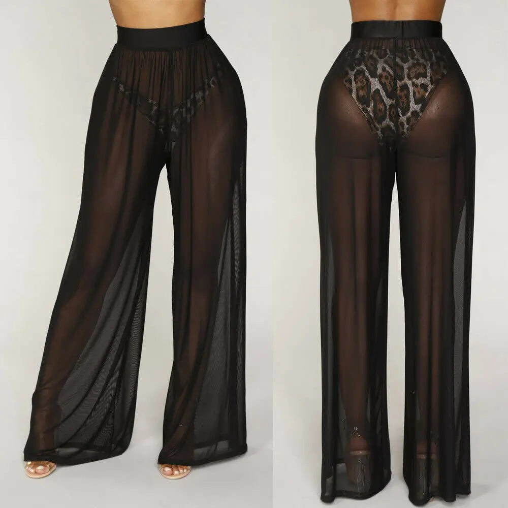 flowersverse-2024Hot Sale Sexy Women Long Mesh Sheer Pants Beachwear See-Through High Wasit Swimsuit Trunks Loose Pant Wide Leg Trousers