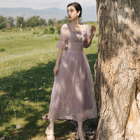 flowersverse Back to school outfit Summer Mesh Lace Fairy Dress Japan Fashion Vintage Light Purple Embroidery Floral Petal Sleeve Elegant Lady Romantic Dresses