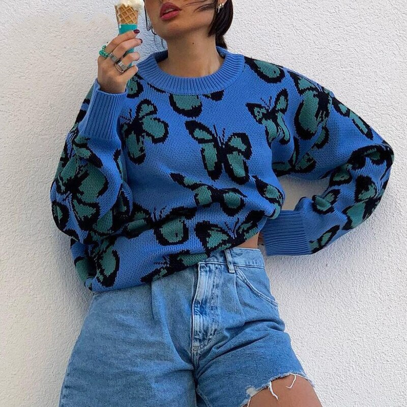 flowersverse Blue Butterfly Pattern Sweater Women Autumn Winter Knitted Pullover Round Neck Long-Sleeved Loose Casual Women Sweaters Top