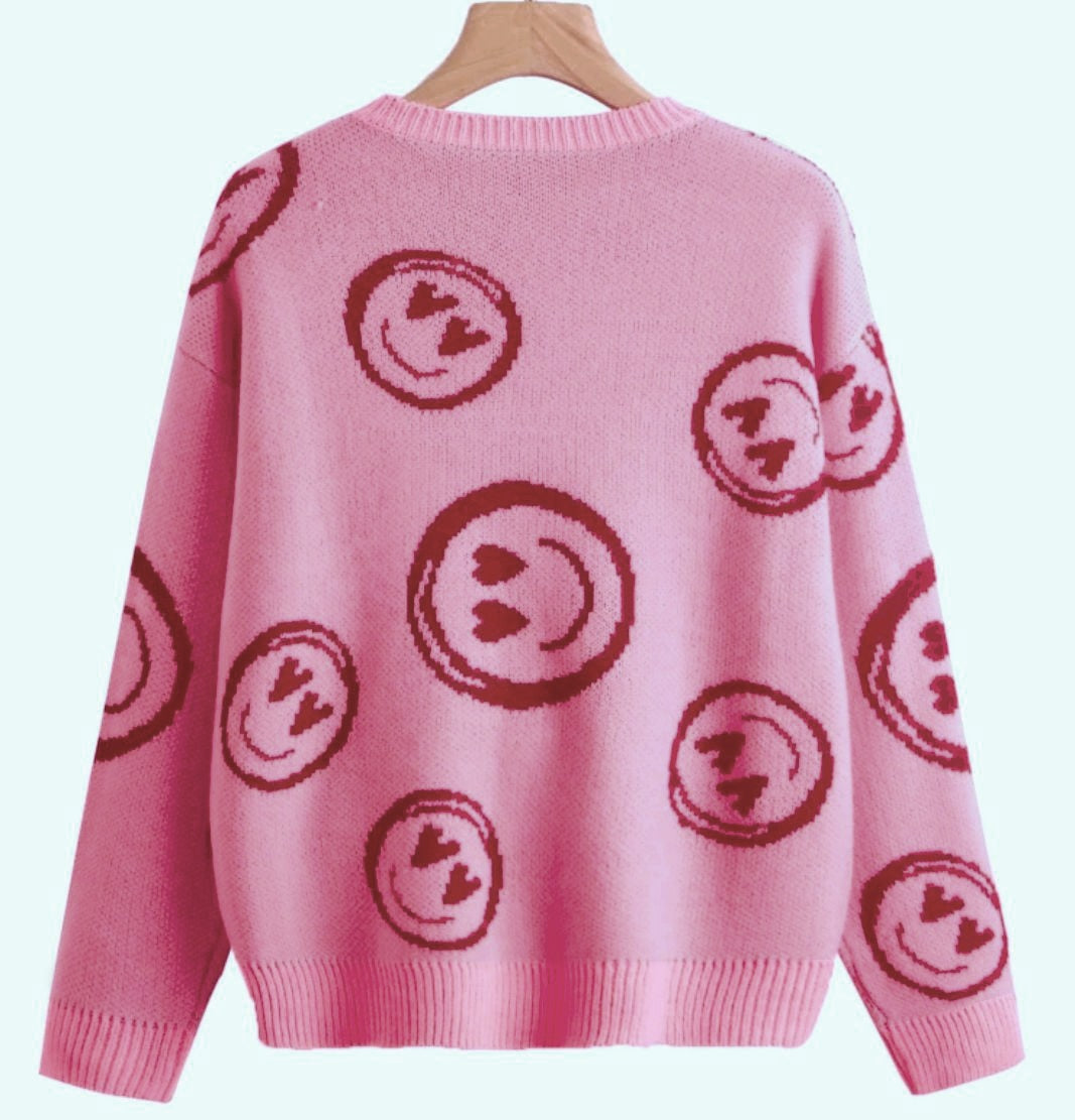 flowersverse Autumn Winter Pink Smiley Face Sweater Women's Knitted Round Neck  Tops Female Korean Loose Oversized Short Bottoming Sweaters