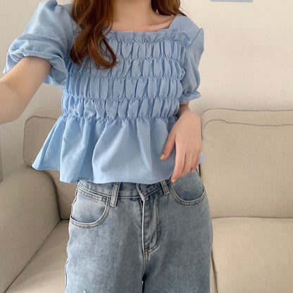 flowersverse Blouses Women Puff Short Sleeve Cropped Solid Simple Korean Style Summer Student Gentle Feminino Tops All-Match Fashion Leisure