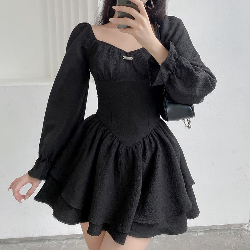 flowersverse Autumn Spring A-Line Dress Sexy Slim Solid Square Collar Puff Sleeve Mini Dresses For Women  Eleggant Fashion Ladies