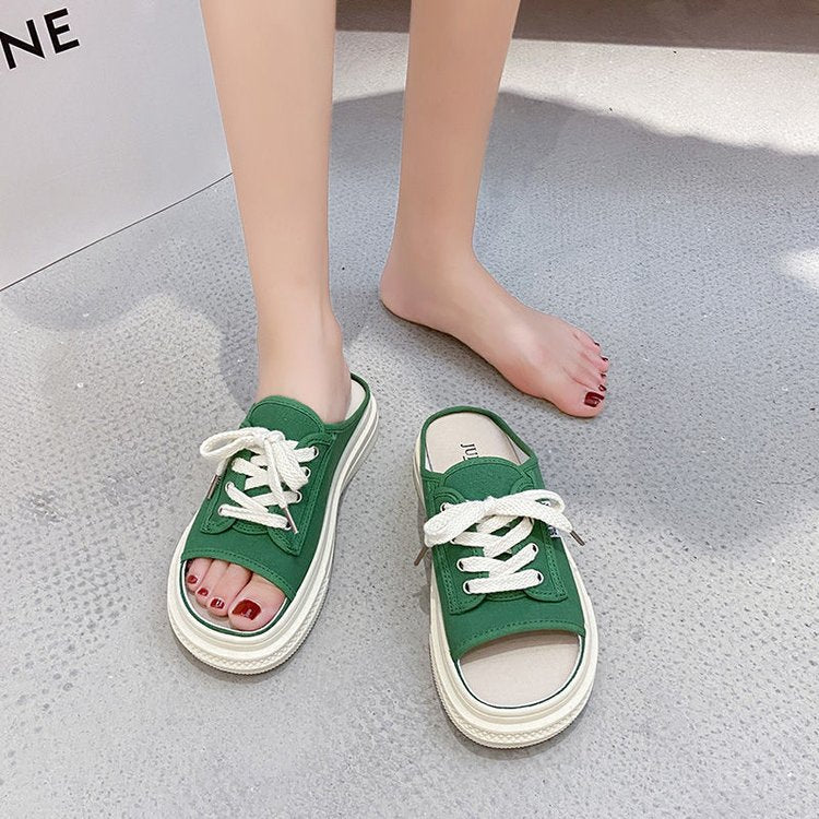 flowersverse  Women Canvas Slippers  Summer Denim Woman Flat Slippers Autumn Fashion Outdoor Casual Shoes Ladies Lace Up Open Toe Sandals