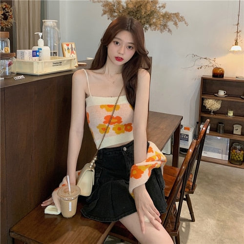 flowersverse Autumn Floral Sweet Knitting Sweater Coat Female Korean Holiday Casual Sweater Tops Sexy Two Piece Suit Knitting Tops