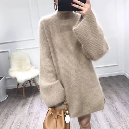 flowersverse Autumn Winter Long Turtleneck Sweater Women Loose Lazy Oaf Flare Sleeve Fluffy Synthetic Mink Cashmere Sweater Knitted Jumpers