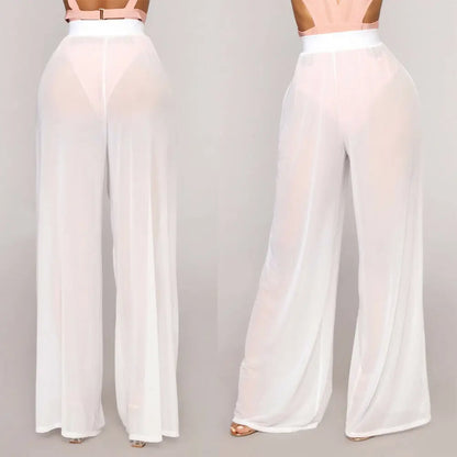 flowersverse-Hot Sale Sexy Women Long Mesh Sheer Pants Beachwear See-Through High Wasit Swimsuit Trunks Loose Pant Wide Leg Trousers