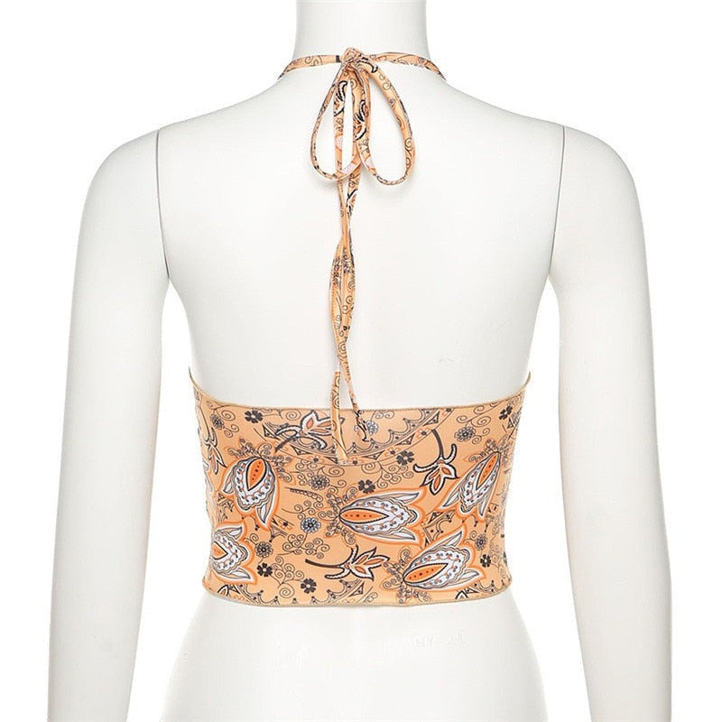 flowersverse  Women V Neck Pink Y2k Crop Top Summer Halter Backless Off Shoulder Bandage Ruched Print Red   Tank Tops Vintage