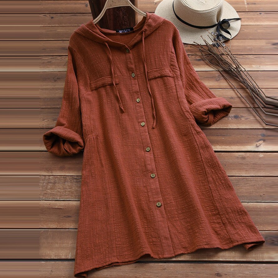 flowersverse 5XL Spring Autumn Clothes Women Casual Cotton Linen Loose Dress Plus Size Crop V Neck Button Long Sleeve Cardigan Dresses Brown