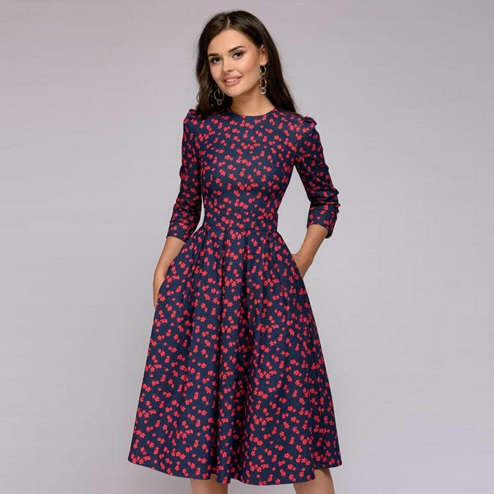 flowersverse Vintage Pleated Tunic Print Dress Women Elegant Ladies A Line Dresses Long Sleeve Female Autumn Mixi Party Dress Vestidos