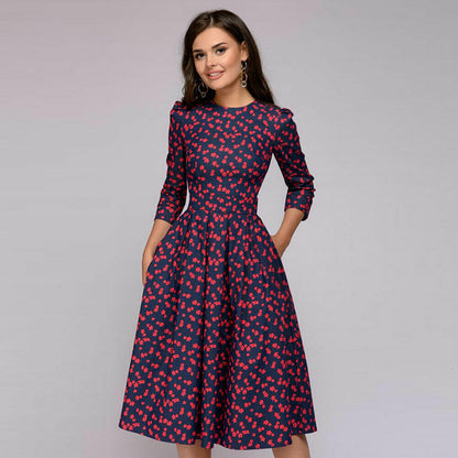 flowersverse Vintage Pleated Tunic Print Dress Women Elegant Ladies A Line Dresses Long Sleeve Female Autumn Mixi Party Dress Vestidos