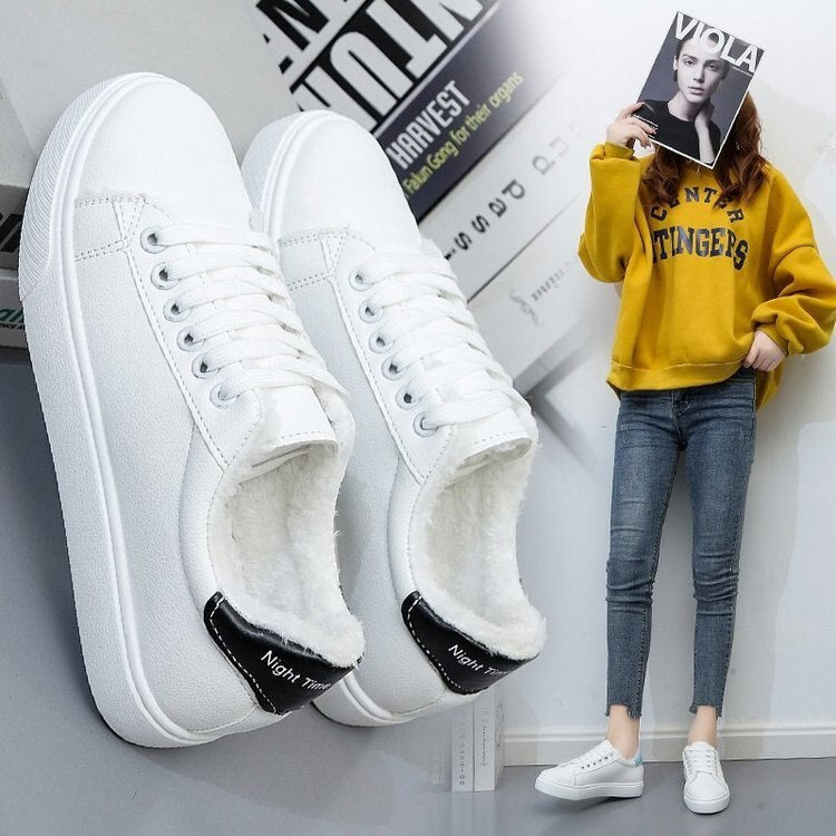 Women Sneakers  Fashion Breathble Vulcanized Shoes Women Pu leather Platform Shoes Women Lace up Casual Shoes White