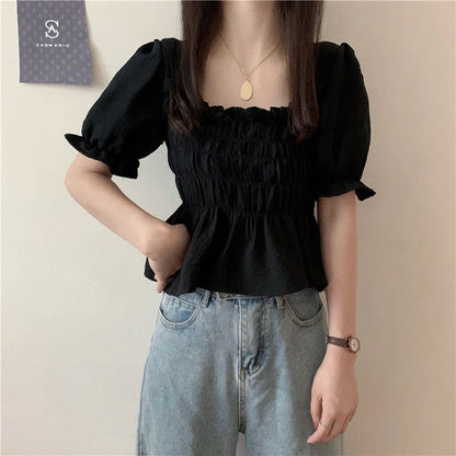 flowersverse Blouses Women Puff Short Sleeve Cropped Solid Simple Korean Style Summer Student Gentle Feminino Tops All-Match Fashion Leisure