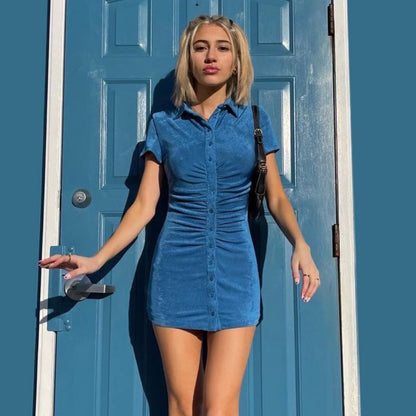 flowersverse Short Sleeve Ruched Bodycon Dresses For Women   Summer   Mini Dress Blue Green Turn-Down Collar Button Up Shirt Dress