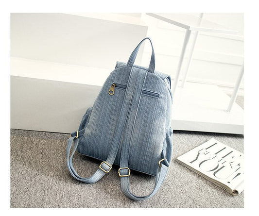 flowersverse Back to school  Casual Denim Women Backpack Large Capacity High Quality Canvas Jeans Student Schoolbag Travel Knapsack Rucksack Mochila Blue