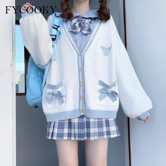 flowersverse Autumn Sweet Bow Cardigans Women Korean Loose Colorblock Sweater Jacket Kawaii Print Knitted Cardigan  New