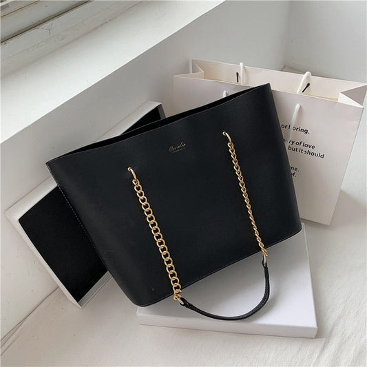 flowersverse Black Pu Leather Shoulder Bags for Women Handbag Chain Design Large Capacity Tote Bag Luxury Shopper Hand Bag Female Totes New
