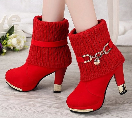 flowersverse Hot Selling High-Heeled Boots Woman Booties Women Short Boots Female Pointed Toes Slip On Slim Fall/Winter Shoes Red Black