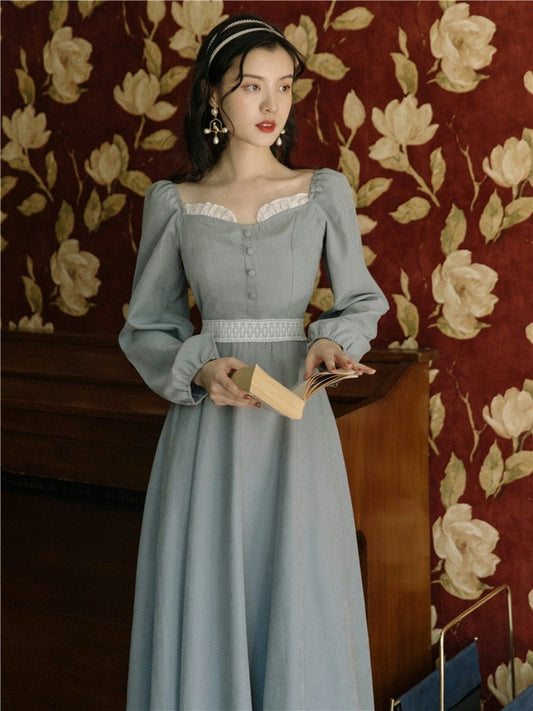 flowersverse Back to school Korean Fashion Elegant Lady Midi Dress Vintage Puff Sleeve Square Collar Lace Retro Women Outfits Vestido Mujer Autumn Spring