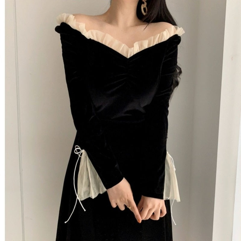 flowersverse Antumn Winter Evening Party Midi Dresses Women Black Korean Fashion Elegant Vintage Dress Ruffle Long Sleeve One-piece Dress New K103