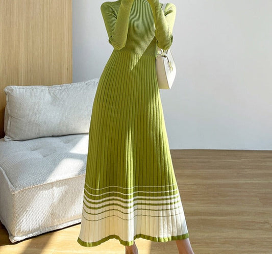 flowersverse Autumn Winter Half Turtleneck Women Dress Long Sleeve A-line Female Sweater Dress Ladies Knitting Vestidos