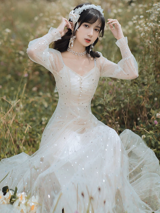 flowersverse Back to school Romantic Mesh Lace Fairy Dress Women Vintage Star Sequins Lantern Sleeve Soft Elegant Lady Midi Dresses Vestido Festa Ropa Mujer