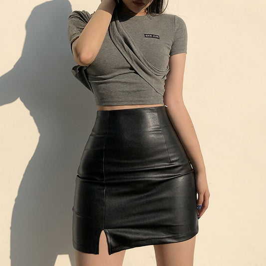 flowersverse Black Split Mini Black Leather Skirt Women Korean Fashion High-waisted Punk Style Bodycon Goth Sexy Skirts Female