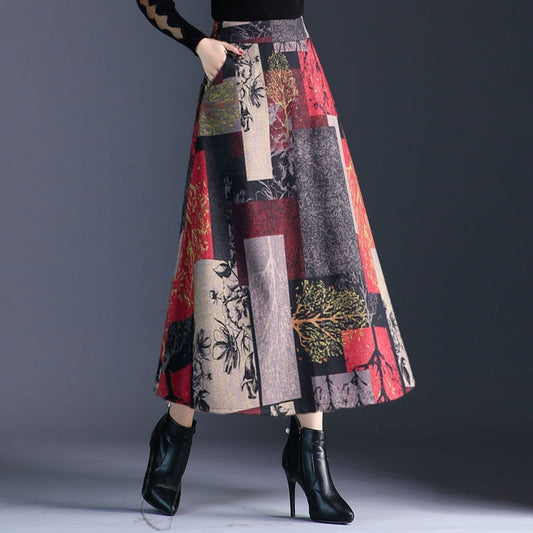 flowersverse Autumn Winter A-line Long Skirts Womens Maxi Skirt Female High Waist Warm Wool Skirt Elegant Office Lady Printing Plaid Skirt