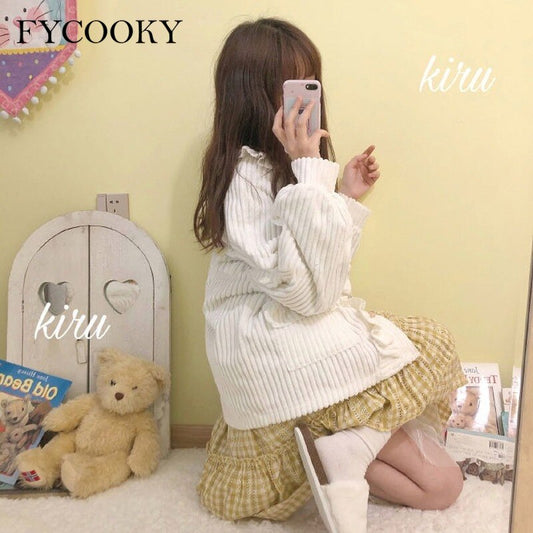 flowersverse Autumn College Style Corduroy Jacket Women Japanese Cute Lantern Long-Sleeved Jackets Female Sweet Loose O-Neck Short Coats