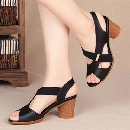 flowersverse Women Ankle Strap Sandals Peep Toe High Heels Rome Summer Women's Thick Heel Comfortable Shoes Ladies Fashion PU Footwear