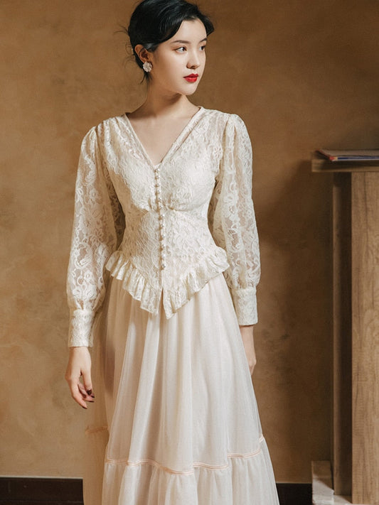 flowersverse Back to school outfit Modern Vintage Style Outfits Retro Lantern Sleeve Ruffles Elegant Lace Shirt Blouse Tops & Long Mesh Skirt 2 Piece Set Women