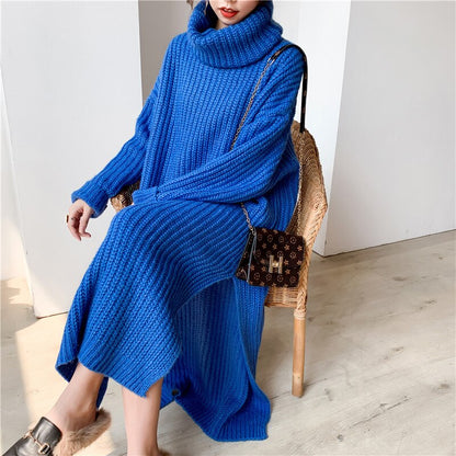 flowersverse Autumn Winter Thick Long Sweater Dress Women Side Slit Turtleneck Low-high Design Over Knee Plus Size Knitted Dress