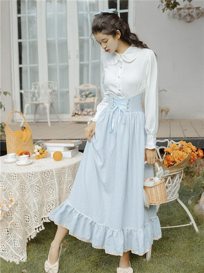 flowersverse Back to school outfit Modern Vintage Style Outfits Sweet Peter Pan Collar Lantern Sleeve White Blouse Lady Shirt & Light Blue Long Skirt Princess Suit