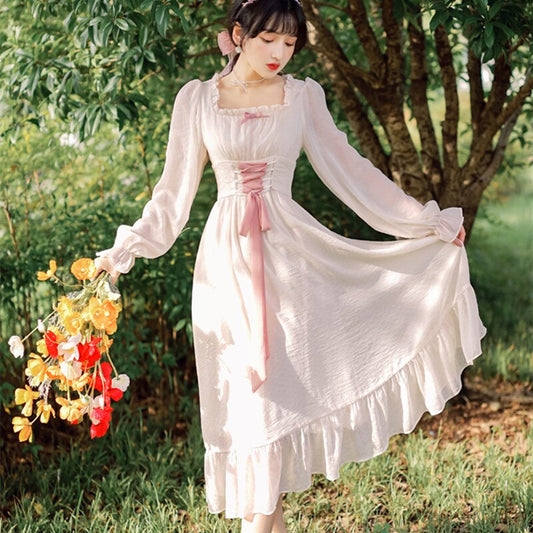 flowersverse Back to school  Vintage Bandage Fairy Dress For Slim Lady French Royal Court Style Bow Petal Sleeve Lolita Princess Dresses Mori Vestido Festa