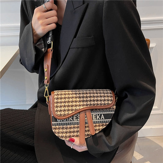 flowersverse Back to school Wide Strap Saddle Small Shoulder Crossbody Bags For Women Brand Designer Woolen Cloth Plaid Ladies Handbags Winter