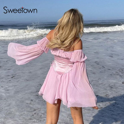 Sweetown Pink Chiffon Corset Dresses Women French Style Long Sleeve Boho Dress Ladies Slash Neck Elegant Beach Dress Robe Femme