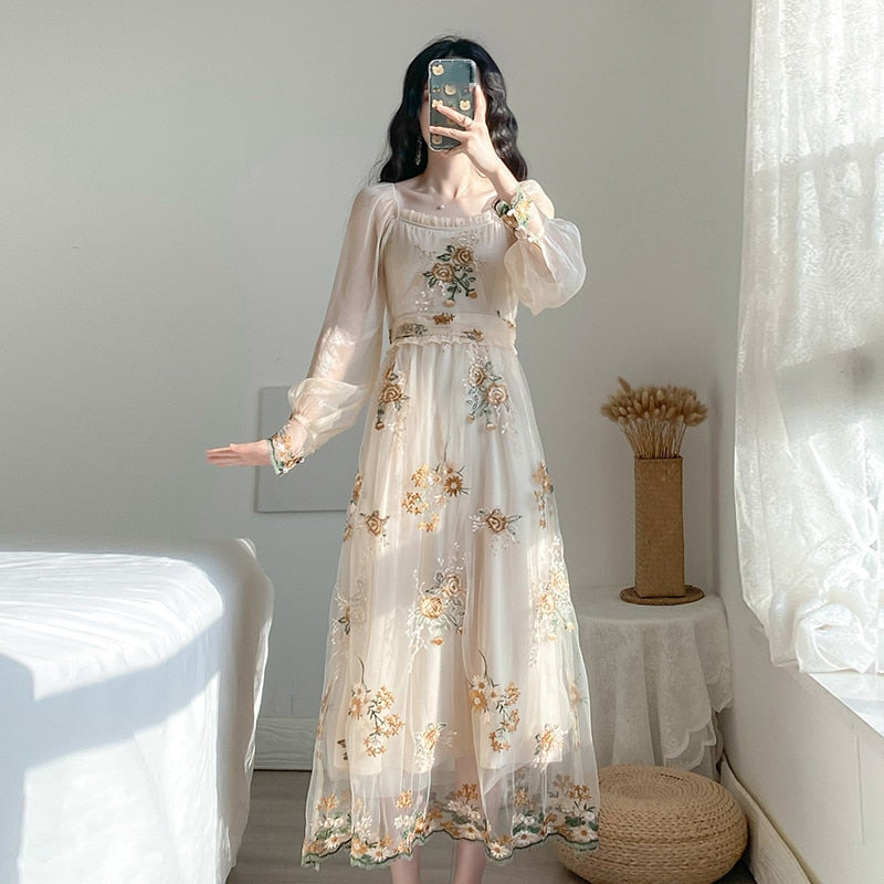 flowersverse Back to school outfit Vintage Mesh Fairy Dress Retro Embroidery Floral Petal Sleeve Ruffles Collar Casual Dresses For Party Night Vestido Festa