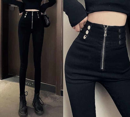 flowersverse Autumn Spring New Black leggings Casual Elastic High Waist stretch feet pants women's Metal Buttons was thin Pencil Pants