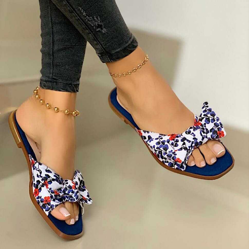 Women Summer Bow slippers Flats Shoes Woman Bohemia Beads Flowers Cross Lace Sandalias Mujer Sapato Feminino D604