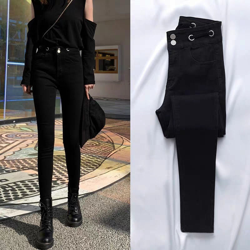 flowersverse Autumn Spring New Black leggings Casual Elastic High Waist stretch feet pants women's Metal Buttons was thin Pencil Pants